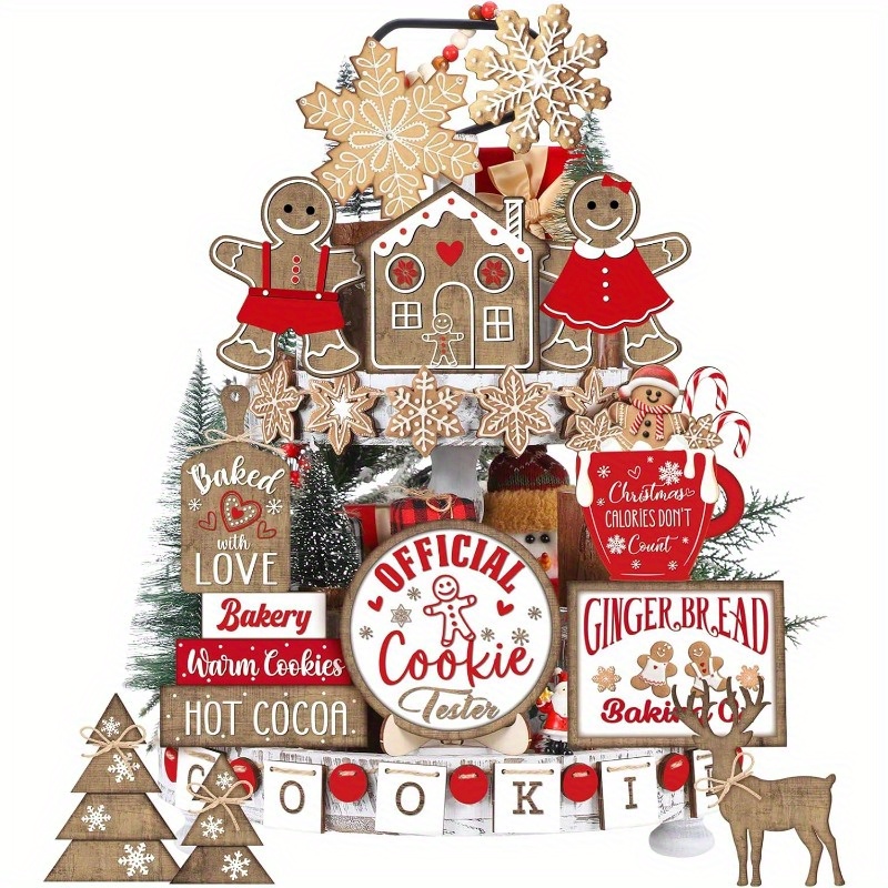 TEMU A Set Of 33 Wooden Layered Tray Decorations For Christmas Featuring Gingerbread Designs, , Snowflakes, Gnomes, And Truck Logos, Perfect For