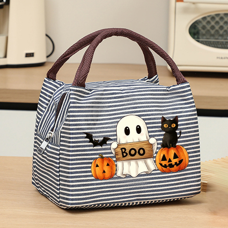 TEMU Fun Halloween-themed Women's Handbag Featuring Cute, Pumpkin, Black Cat, And Bat "boo" . Full Of Festive Atmosphere. Thick Woven Top Handle For