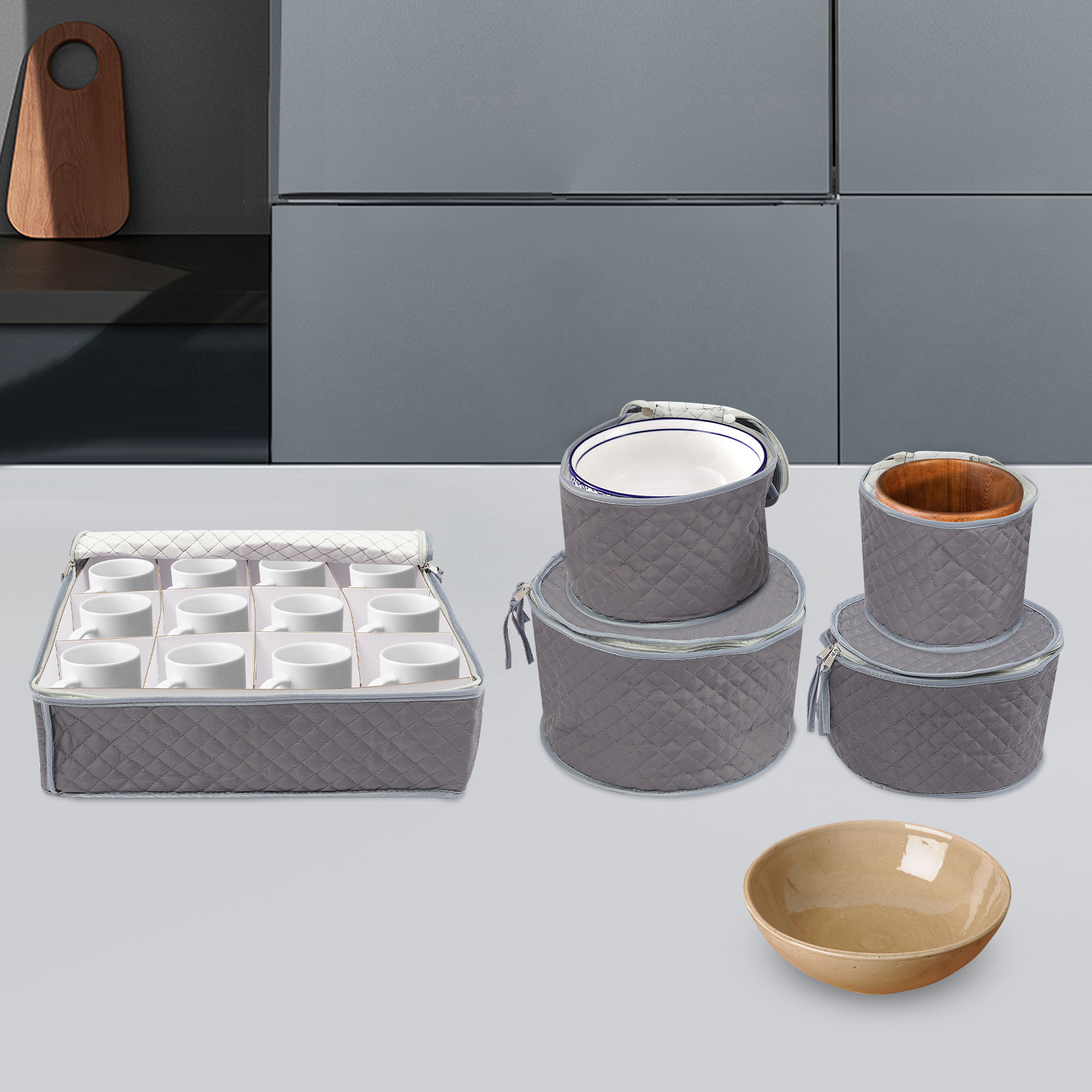 New Porcelain Storage Containers, China Storage Containers Hard Shell 5pcs set Dinnerware Storage Organizer, Dish Storage Containers Stackable Storage for Plates, Platters, Mugs, Grey HomeEcho