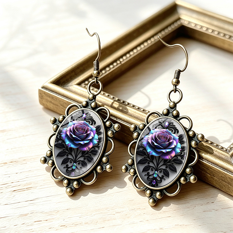 Vintage Glass Rose Dangle Earrings, Unisex Gift