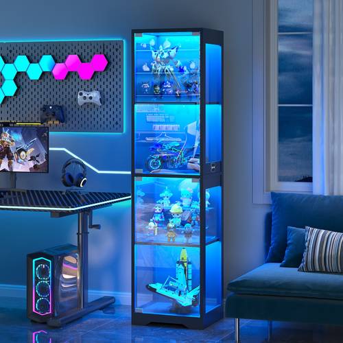 Single Door Glass Display Cabinet - Transparent with LED Lights Motion Sensor - Storage for Figurines Bags Collectibles Books - Game Room Bedroom Black