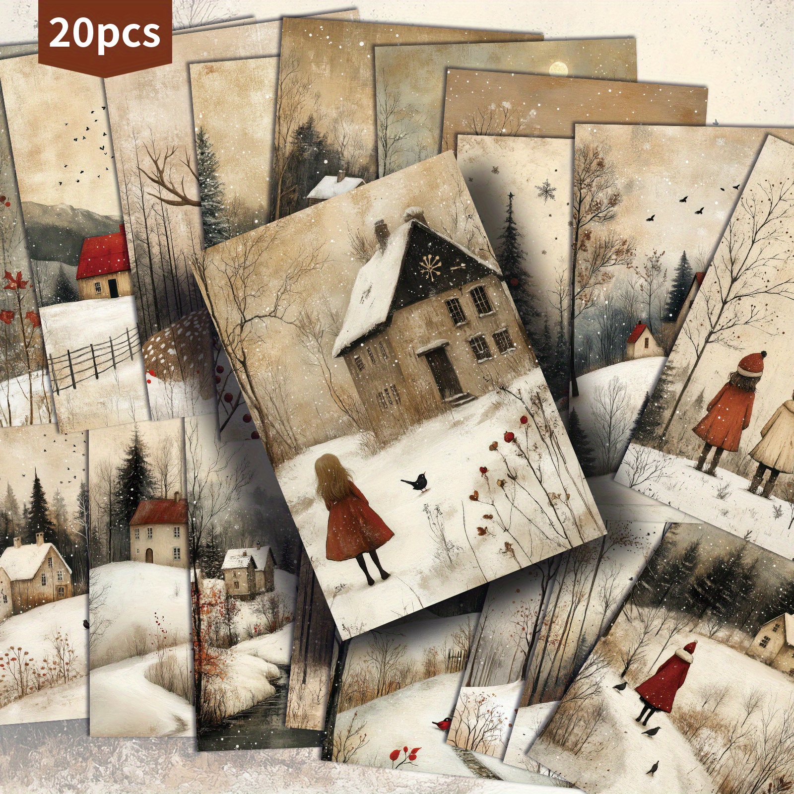 TEMU Set Of 20 Retro Postcards Featuring A Winter Scene With A , Measuring 4x6 Inches. Ideal For Vintage Junk Journals, Classic Pinup Illustrations