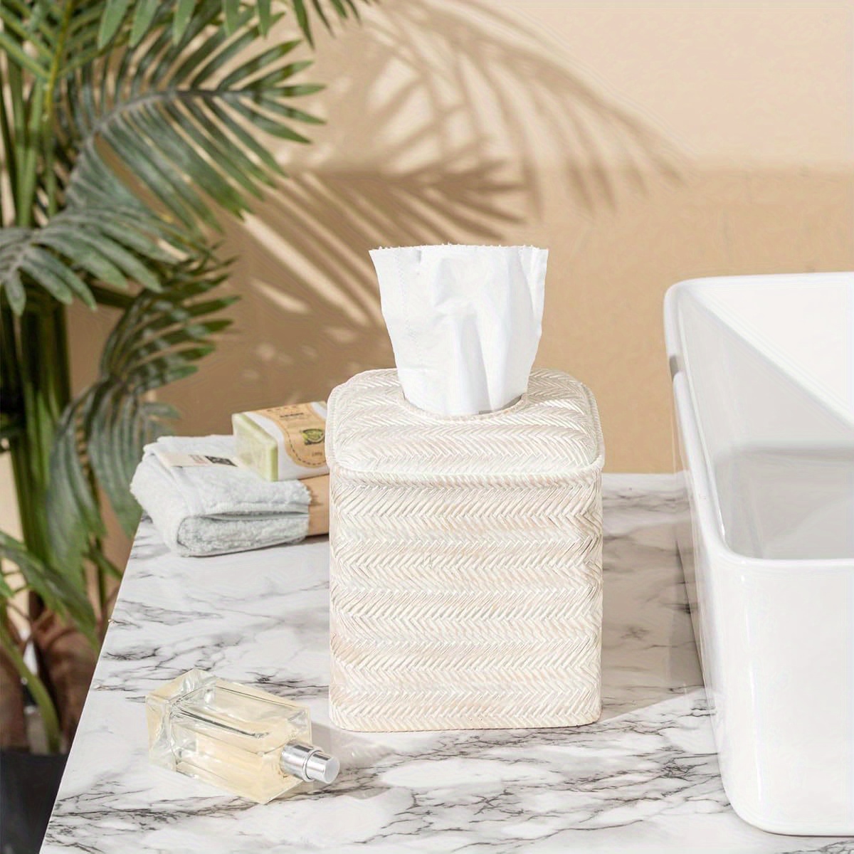 hand carved wicker tissue box cover square resin holder with textured   3 x 5 3 x 5 9 inches farmhouse style for home decor bathroom living room bathroom decor and accessories decorative tissue holder natural   Product details 4