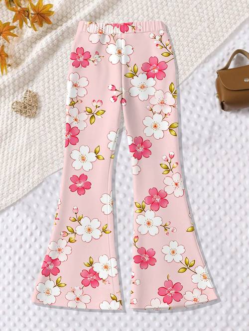 printed design not textured 2d printing girls long full print fit flared pants for spring autumn fashionable outerwear simple and cute pink floral full print holiday spring autumn birthday festival gift for girls suitable for casual