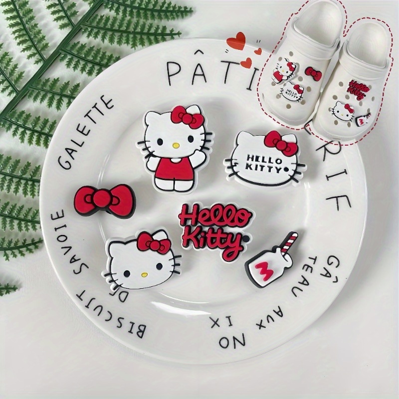 [ ] 6pcs Hello Kitty Cute Cartoon Shoe - Thick Pvc Material Bow Decoration, Suitable For Shoe Decoration, Detachable