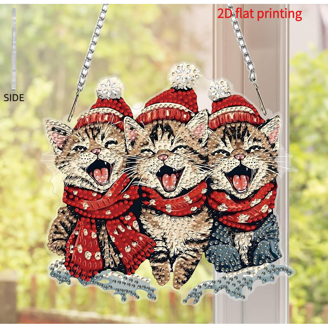 TEMU 2d Flat Printing, Christmas Cute Kitten Style Hanging Diamond Painting Set, Irregular Drill Diamond Craft Ornament, Suitable For Courtyards,