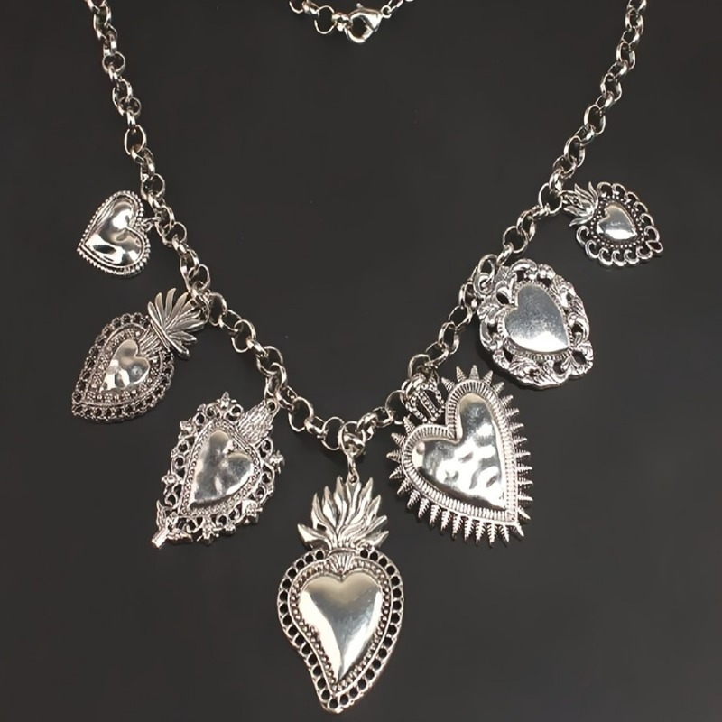 Image of Bohemian, , Retro, Ethnic Style, Silvery Colour Women's Necklace For Formal Attire, With Multiple Heart Shaped Pendants - , Gifts For