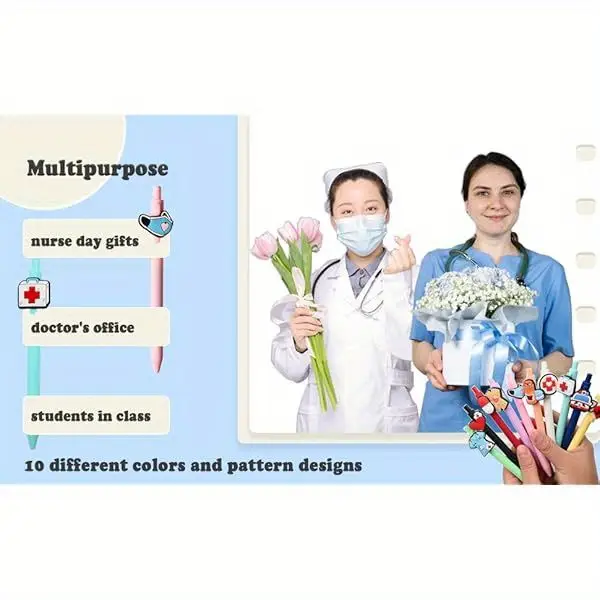 10pcs cute nurse pens, fun cartoon nurse pen, retractable gel ink pens, multi- functional writing tools for nurses, assistant students, woman gifts, nurse gifts, nursing student accessories, healthcare accessories, nurse station essentials, pens, themed writing instruments, reliable retractable mechanism, smooth writing tools, writing instruments, healthcare workers Product details 2