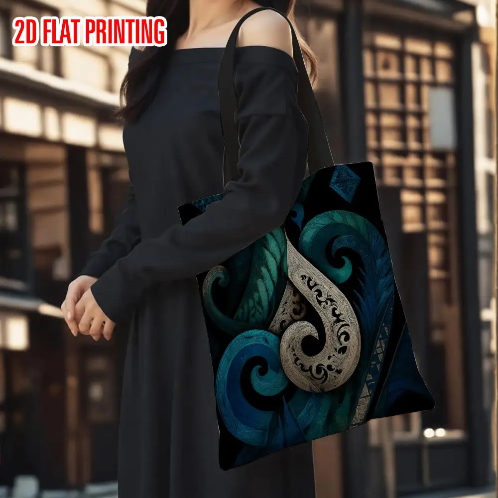 TEMU 1pc Women's Large Maori Tribal Tote Bag - Teal Blue & Tribal Print, Reinforced Sturdy Handles, Durable Carryall Suitable For Travel, Work,