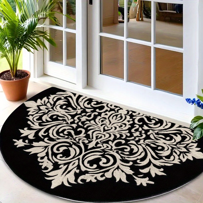 TEMU 1pc Tapis de Porte Semi-Circulaire Noir Mandala Antidérapant Attrape-Saleté Adapté à /Extérieur - Entrée Mandala Intricate, Tapis Semi-Cercle