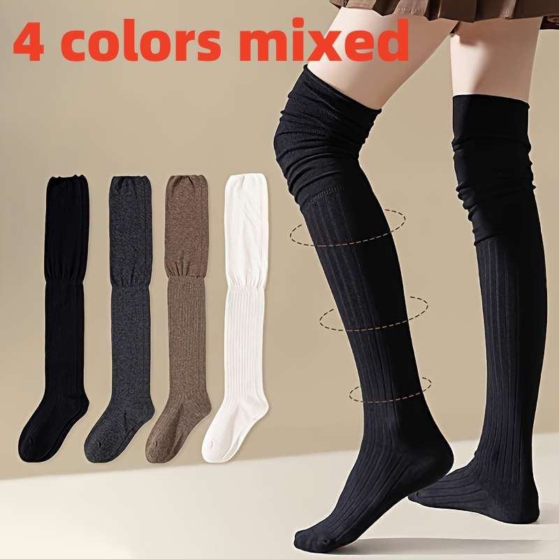 

4-pair Pack Over-the-knee Ribbed Calf Socks For Women - Solid Color, Knit Polyester, Stretchy, Machine Washable Boot Socks For Spring And Autumn