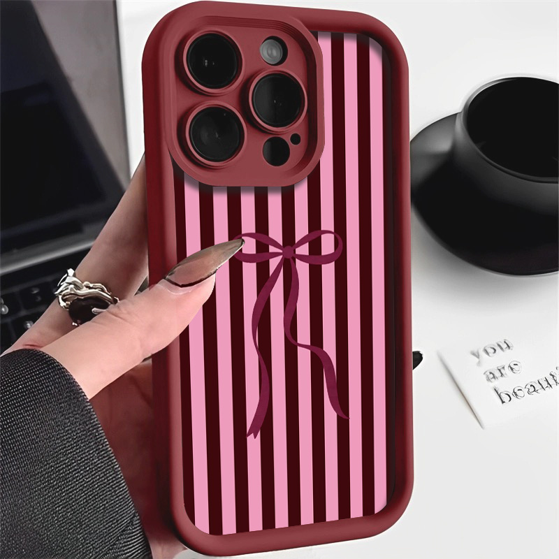 TEMU Phone Case: Powder-purple Striped Bow With A Simple And Gentle Pattern. Suitable For Iphone 17 Pro Max, Iphone 14/13 Pro/16/15/17/12/11/x/xr/xs