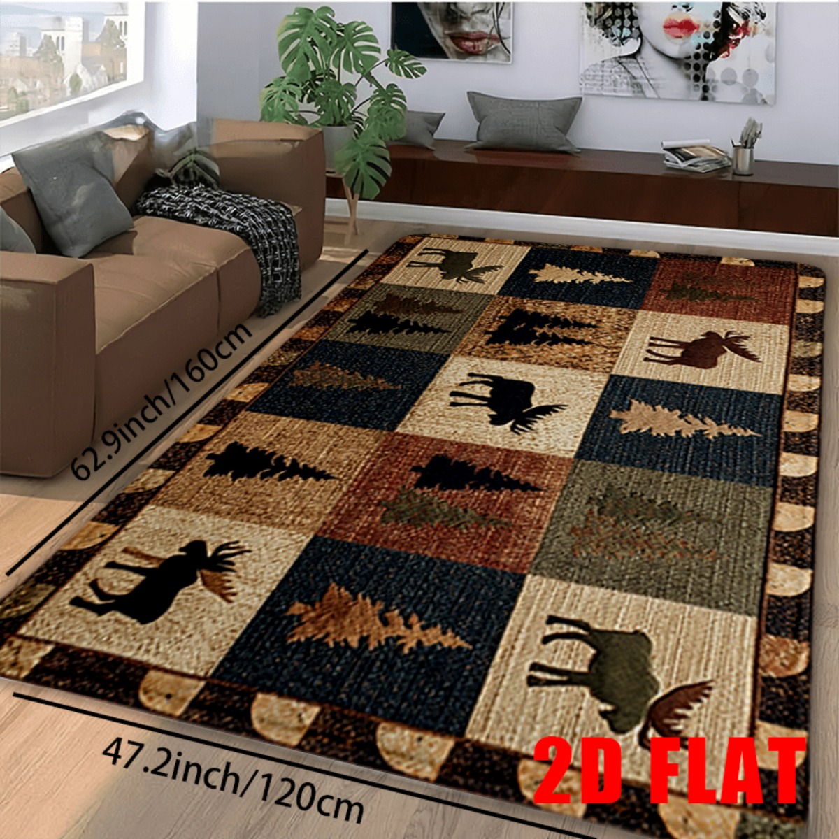 TEMU 2d Flat, 2d Flat Mat 1pc, Cozy Flannel Bathroom Anti-slip Mat With Rustic Moose And Pine Tree Design, Soft And Durable Non-slip Backing, Ideal