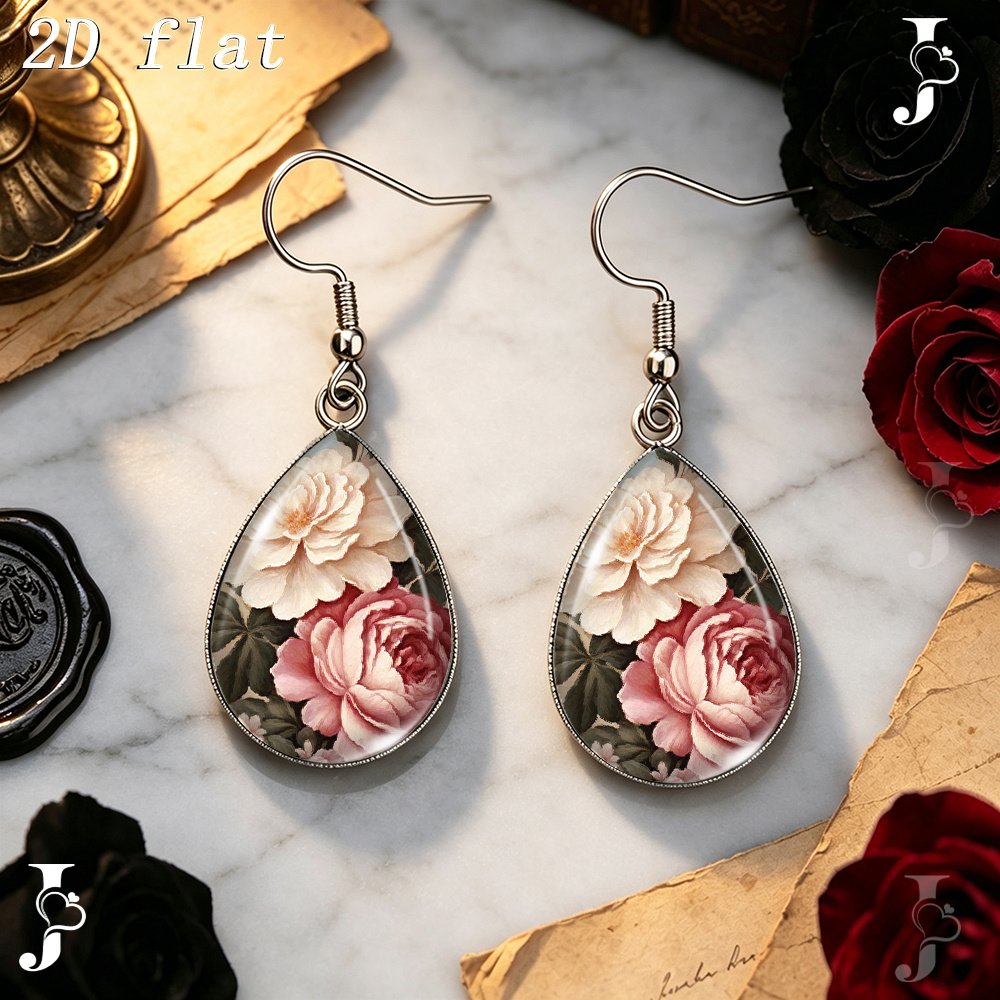 Vintage Pink Peony Floral Pattern Dangle Earrings