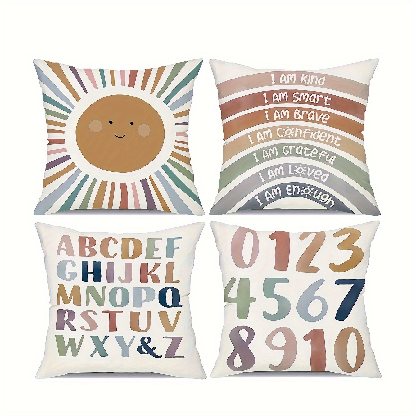 E-shop 4er-Set Ultraweiche Kurze Plüsch Kissenbezüge 18X18 Zoll - Farbenfrohe und Lernfreundliche Designs mit Lächelndem Sonne, Buchstaben und Zahlen -