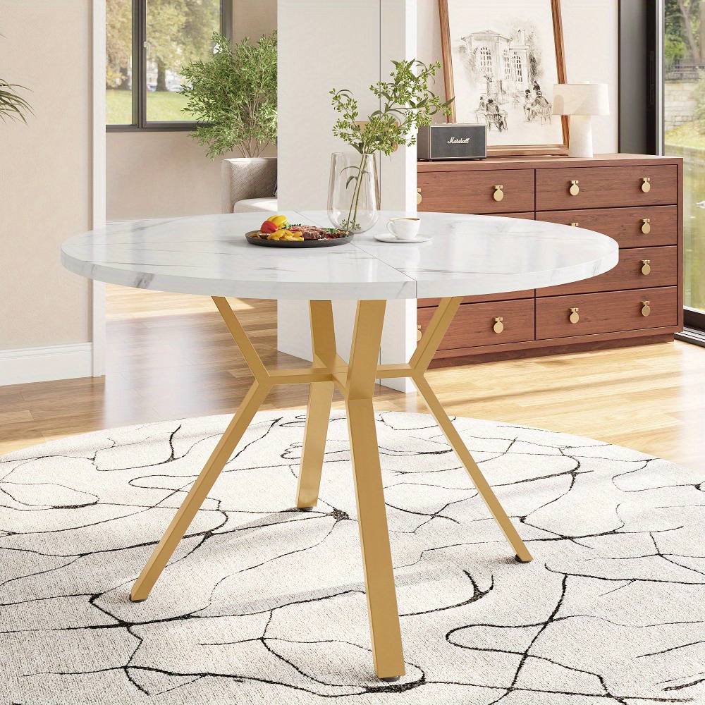 TEMU Modern Round Dining Table With - 1-meter Diameter Marble Table Suitable For Home, Office, Restaurant - - & Sturdy Metal Base - Contemporary