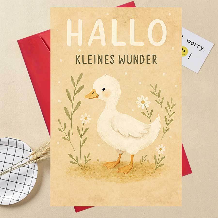 Cute Duck Baby Shower Card With German "hallo Kleine " (hello Little Wonder) Message - Announcement, Decor-style Greeting For &, Beige & Green Design For New Parents