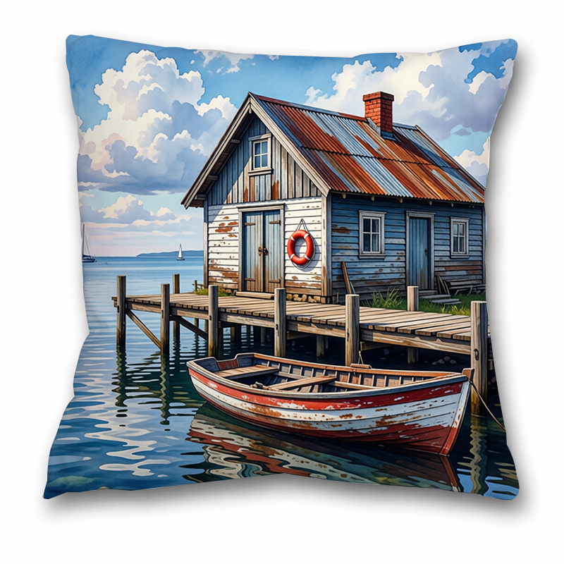 TEMU Housses de coussin décoratives, nautiques côtières avec cottage rustique au bord de . bleu et blanc. Polyvalentes pour salon, canapé, chambre,
