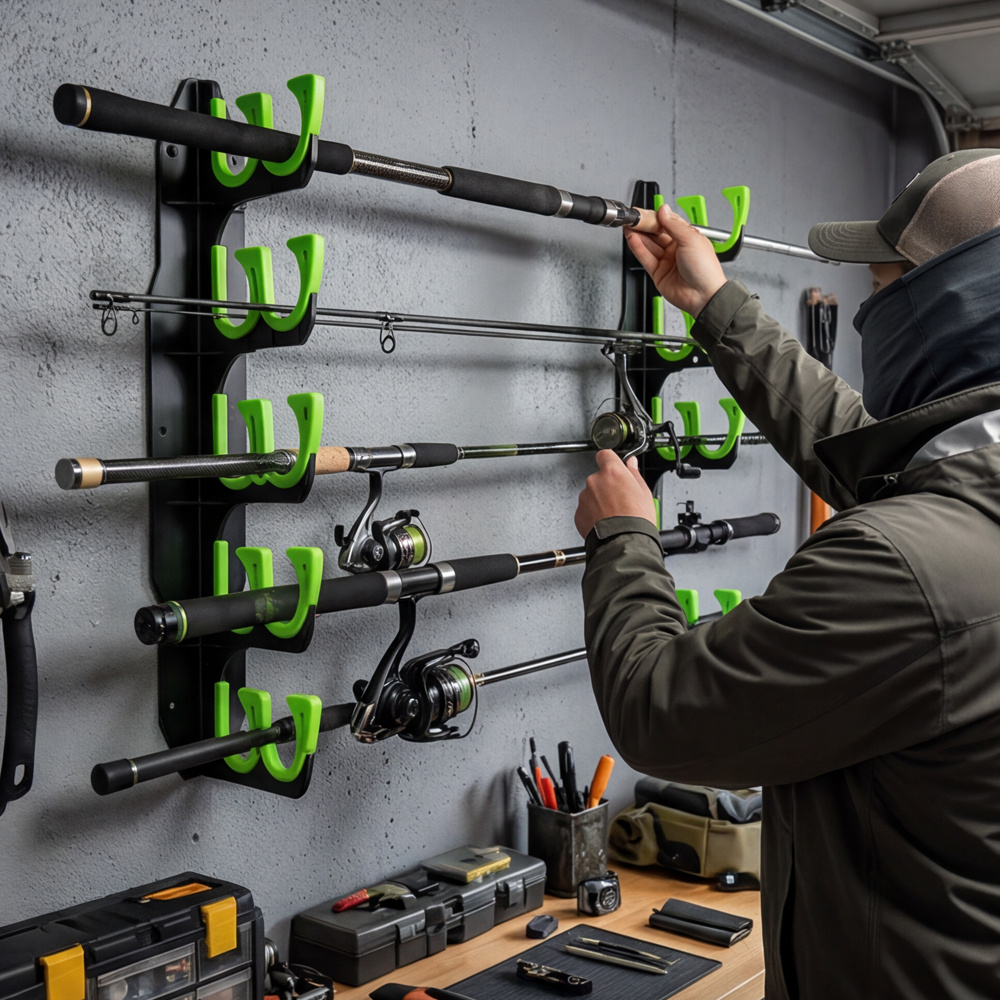 TEMU Versatile Wall Mounted Fishing Rod Rack, Staggered Design Fishing Pole Storage For 6 Rods, Soft Rubber Hooks To Protect Rods & Reels, Durable