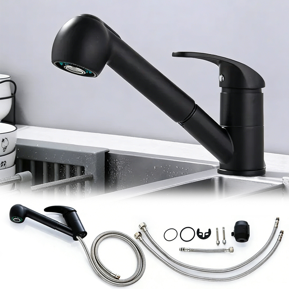 Matte Black Pull-out Kitchen Faucet Featuring Hot And Cold Water Options, Made Of Alloy, With An Extendable Sink Tap And G3/8 Hose Connector