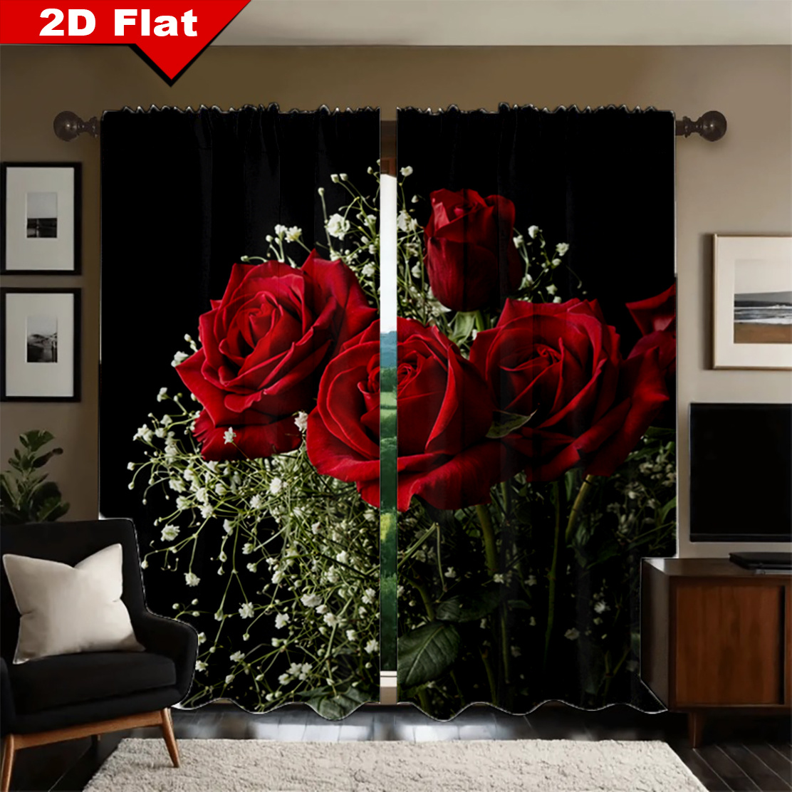 TEMU 2d Flat, 2d Flat Curtain Fabric, 2 Panels Of Beautiful Red Rose Flower Privacy Protection Living Room Decorative Curtains, Romantic Creative