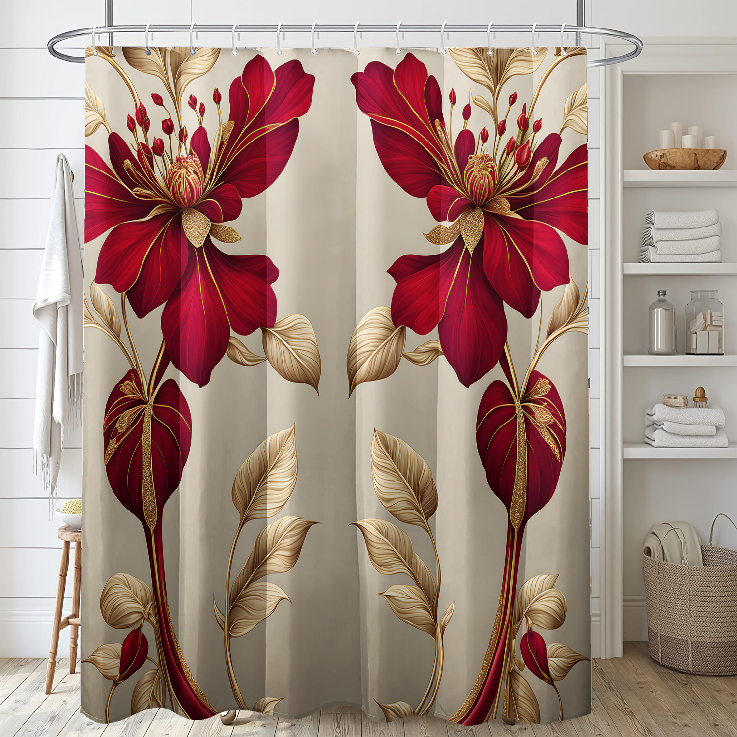 

1pc Floral Shower Curtain, Water-resistant Polyester Fabric With Golden Vine And Red , , Machine Washable, Includes Hooks, Unlined, , 71x71 Inches For Bathroom Decor