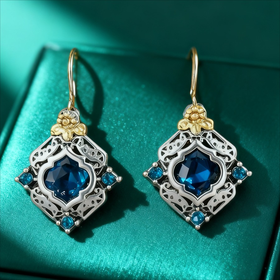 Premium 925 Silver, Allergy-friendly, Blue And Golden, Durable Vintage Earrings, Perfect For Autumn And Winter Coordination, Valentine's Day, A Thoughtful Present For Women, From Local Stock