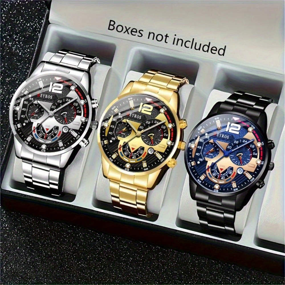 TEMU 3pcs/ Set, Men's Watches, Mens Quartz Calendar Business Watch Stainless Steel Wristwatch, Perfect Gift For Any Occasion, Elegant Accessory For Work, Formal Events, And Daily Life