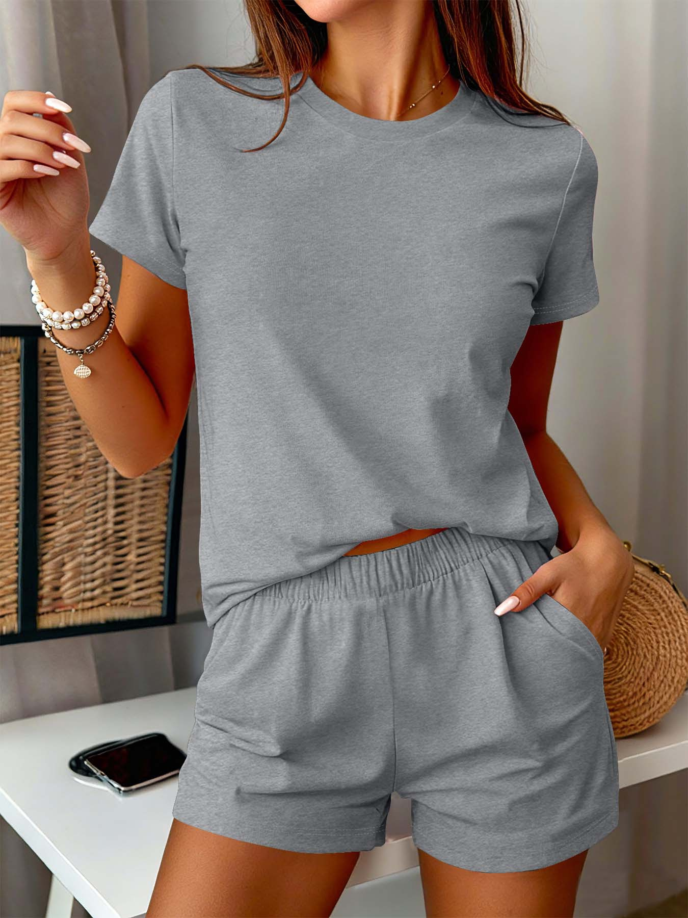 versatile style 2026 spring summer solid color multi   short sleeved t shirt shorts set womens casual comfortable two piece