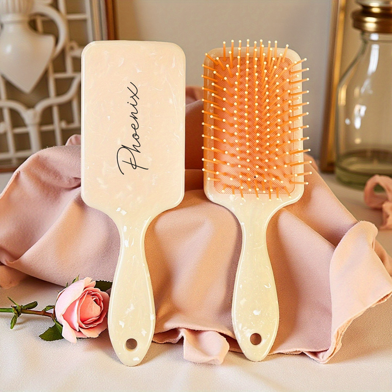 TEMU 1 Brosse à Cheveux Personnalisée à - Grand Peigne Carré de Massage du Cuir pour Hommes et Femmes, Poils en Plastique avec Motif Rose/Jaune/ en