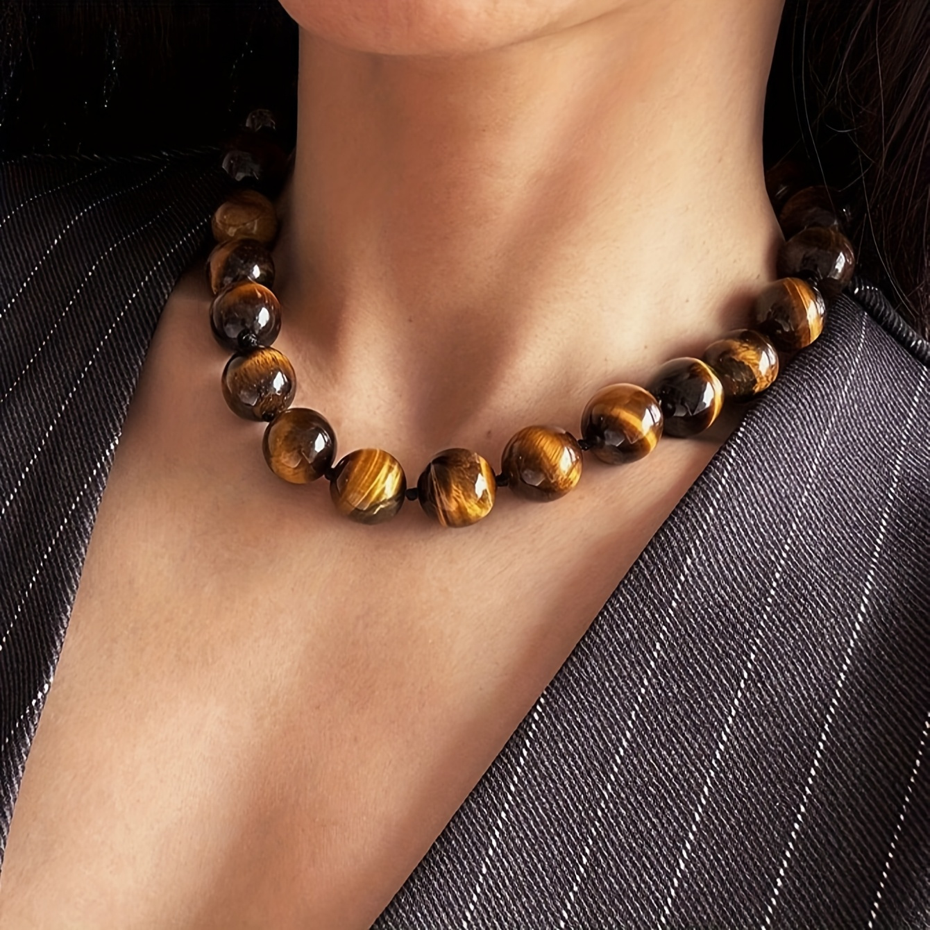Women's Vintage Luxurious Tiger Eye Stone Bead Choker Necklace Wide  Statement Design with Golden-Brown Stripes, Elegant Fashion Jewelry for  Daily We