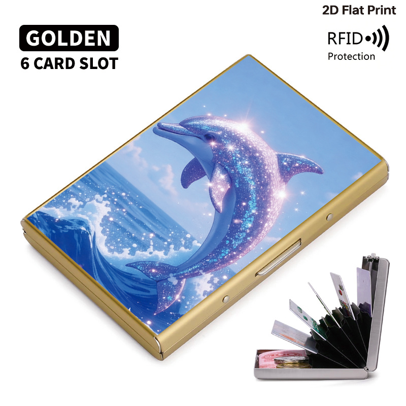TEMU Sparkling Dolphin Leaping Over The Sea Patterndesign - Ultra-thin Rfid-blocking Metal Credit Card Holder
