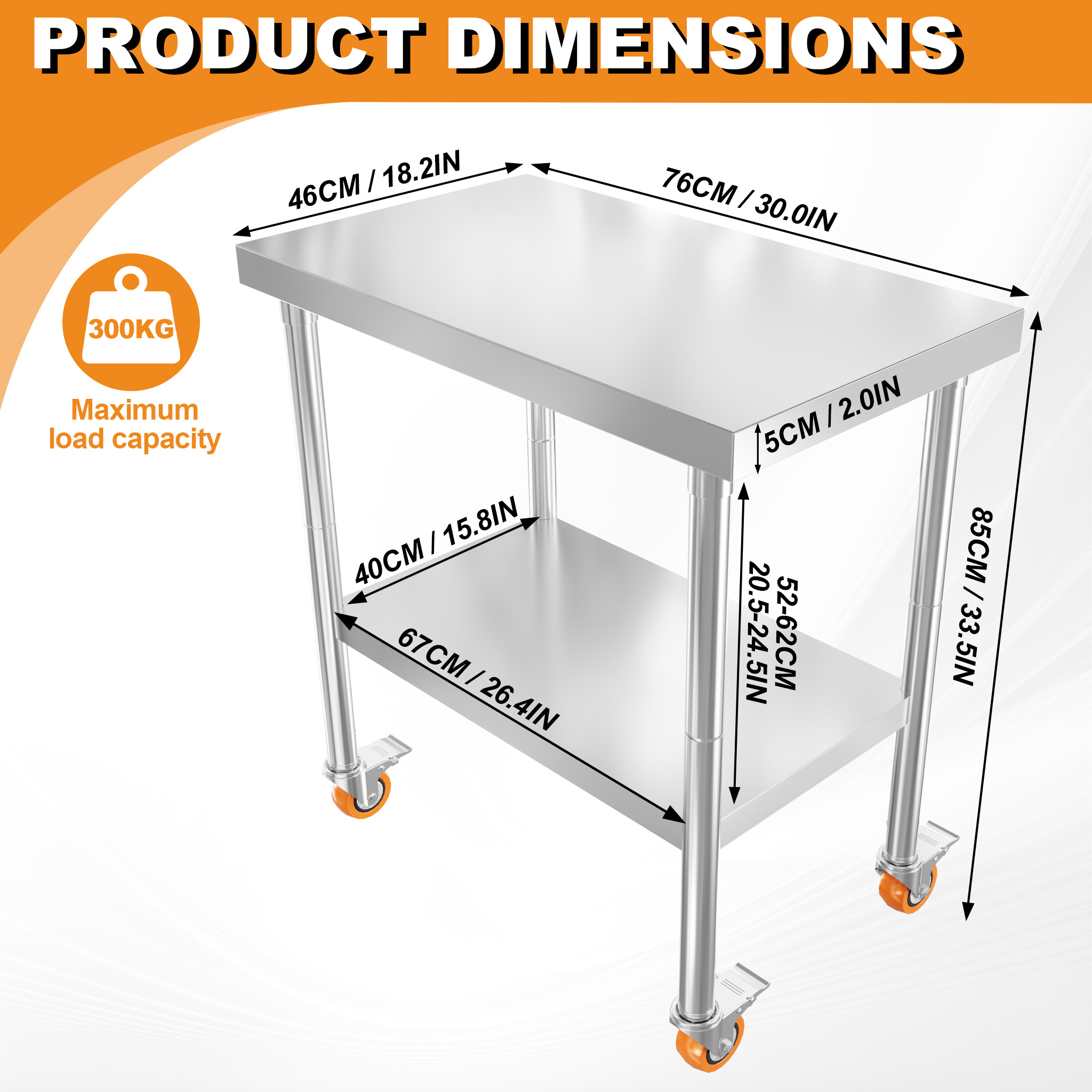 E-shop Mobiler Edelstahl-Arbeitsplatz mit verstellbarer Höhe - ein Küchentisch mit Doppelregal, Tragfähigkeit bis zu 300 kg, geeignet als Grillwagen
