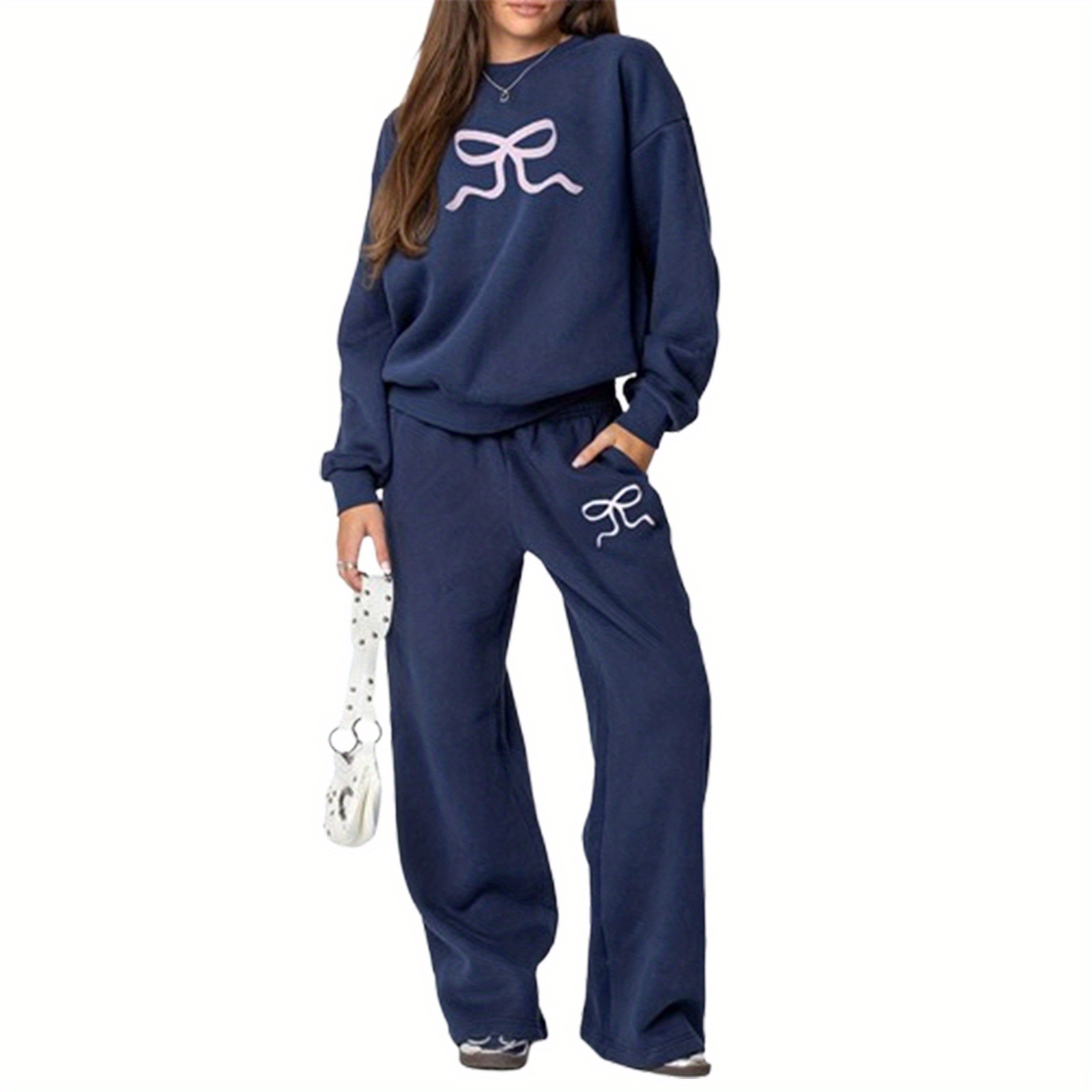 

Women Pants Set, Bow Print Long Sleeve Crew Neck Hoodie And Sweatpants Set Activewear Set