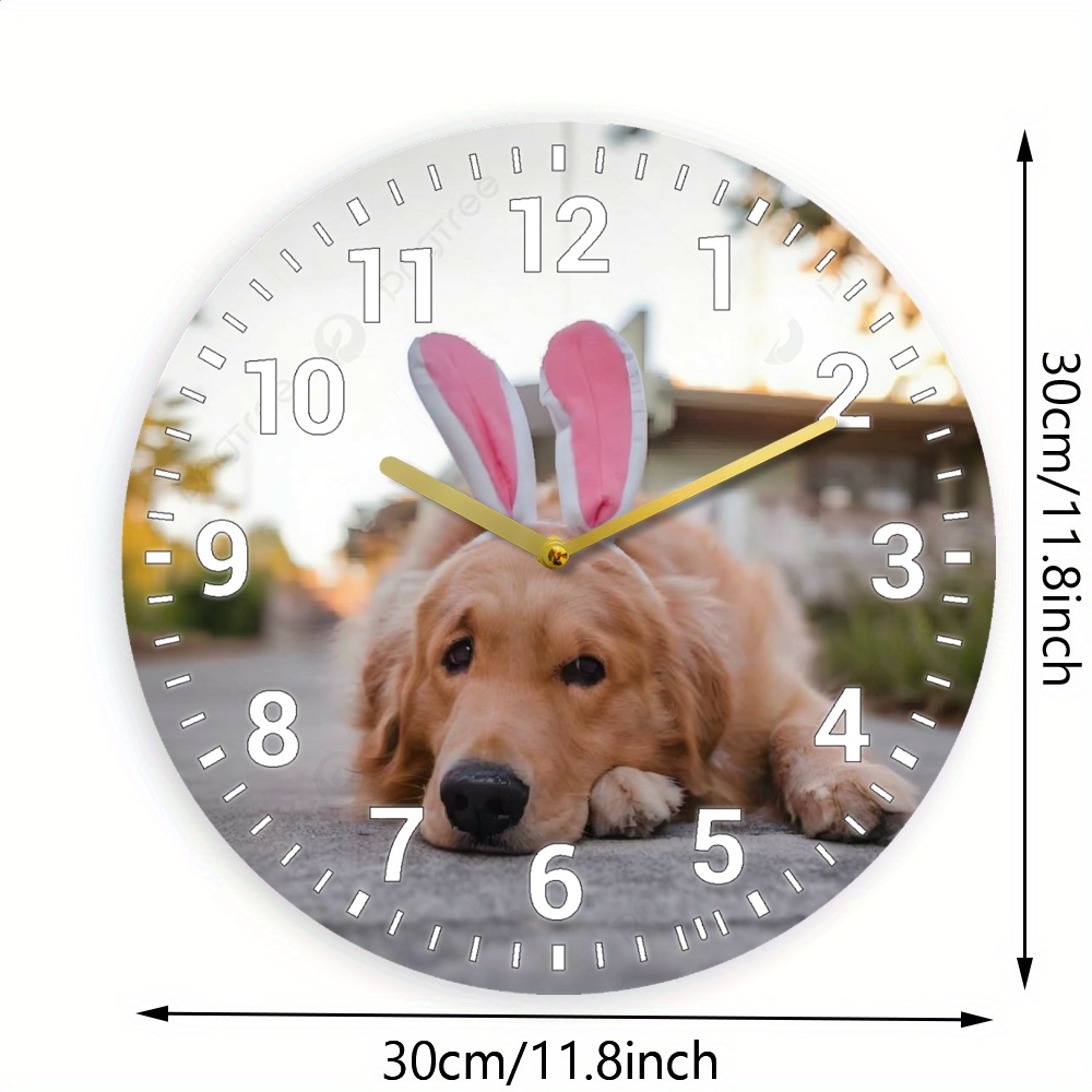 TEMU Custom 1pc 2d Custom Photo Dog With Bunny Ears Design Wall Clock, Silent Non-ticking, Round Wooden Frame, Battery Operated - Ideal For Indoor