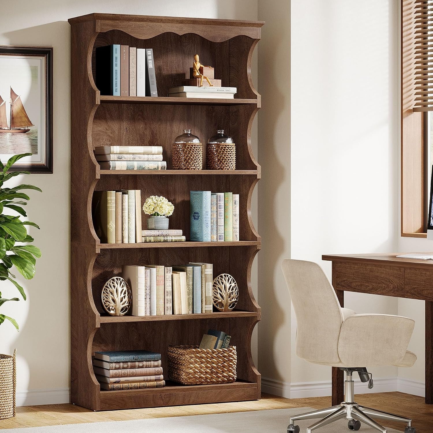 Image of Designer Bookshelf, 178cm, 6-tier, Curved, With Vintage Wood End, Open Freestanding Shelving Unit As A Room Divider, Shelving For Living Room And Office, 80x30x178cm, Brown