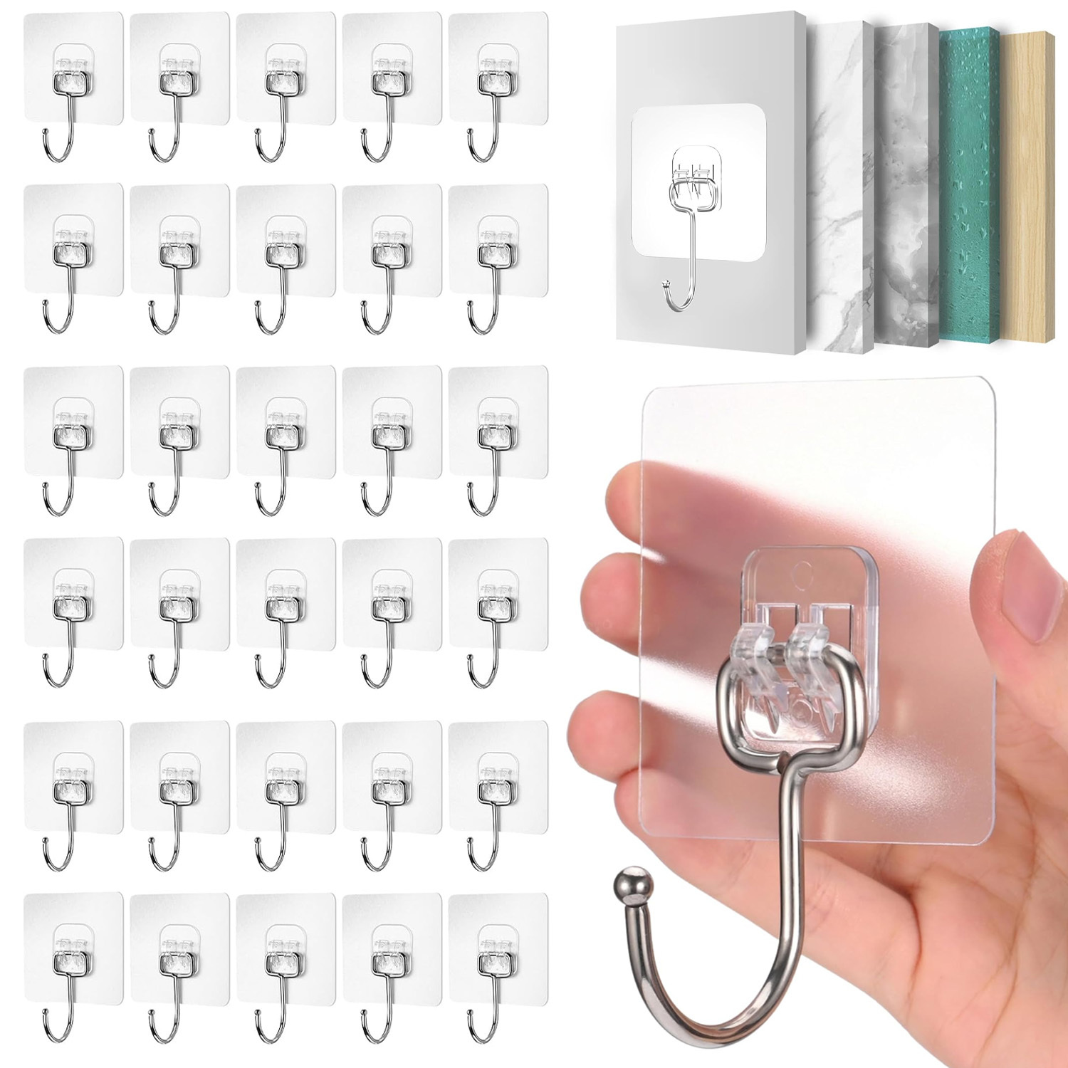 TEMU 30pcs Large Heavy-duty Self-adhesive Wall Hooks Suitable For Hanging - Traceless Removable Clear Hooks With Adhesive, No Nails/sticky