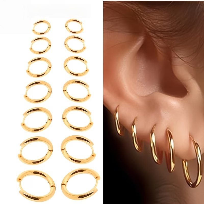 TEMU 7 Pairs Of High-quality Hypoallergenic Stainless Steel Hoop Earrings Set, Inner Diameters: 8, 10, 12, 14, 16, 18, 20mm. Hypoallergenic And