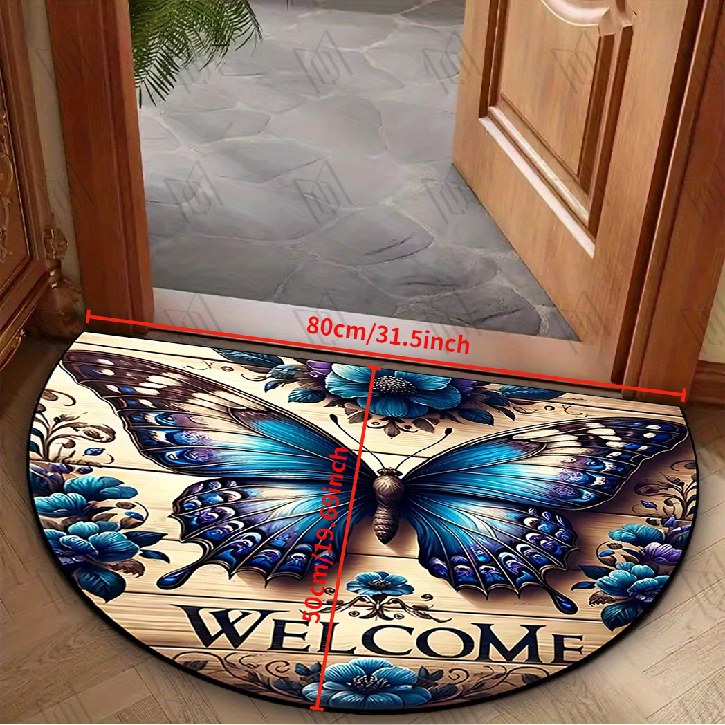 E-shop Halbrunde Fußmatte mit „Welcome“-Schmetterlingsmuster, geeignet für Küche, Veranda, Badezimmer, Waschküche, Wohnzimmer, Spielzimmer, - &