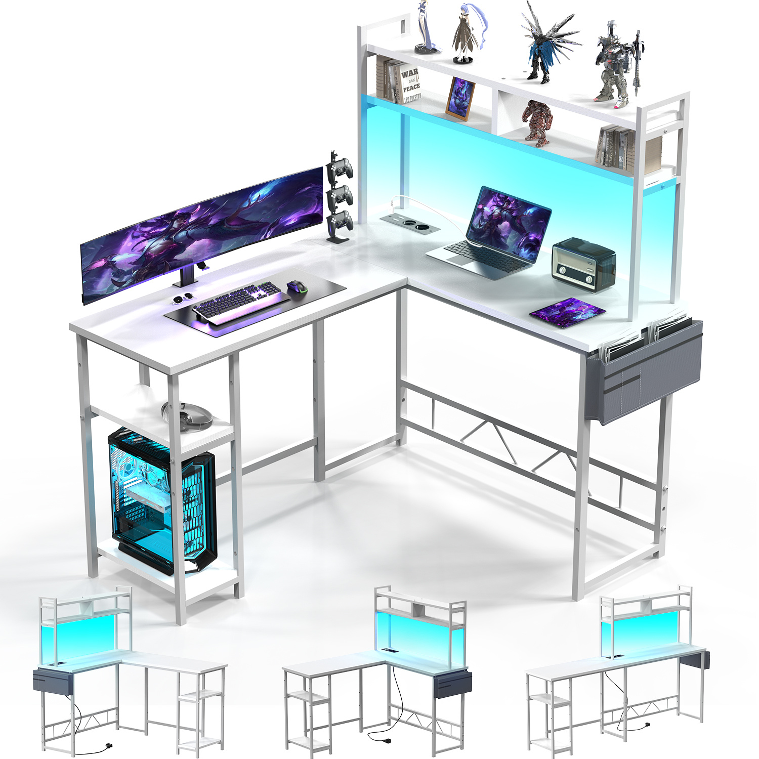 Image of 120cm/160cm L-shaped Gaming Desk, Stylish Reversible Black Computer Desk With Storage Space, Corner Desks With Storage Bag And Hook For Home Office, Black
