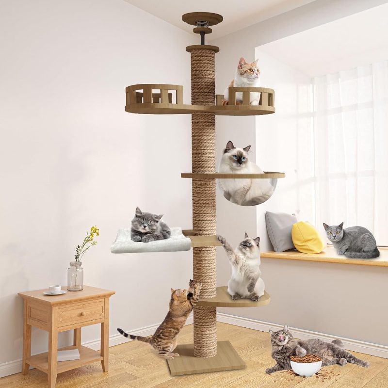 Large Modern Light Oak Cat Tree for Indoor Cats - Multi-Level Cat Condo with Scratching Tower, Hanging Ball & Basket, Thick Durable Panels Suitable for Large Spaces, Multi-Cat, Climbing Furniture for Kittens and Cats