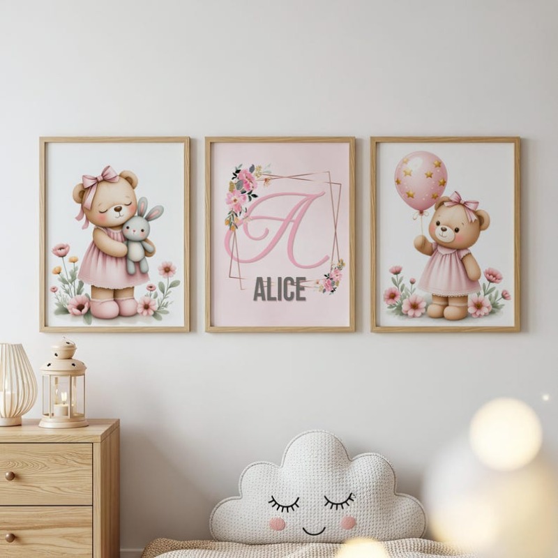 TEMU 2d Flat, 2d Flat, Custom 2d Flat 3pcs Set Without Frames - Customized Name And Initials Featuring A Teddy , Canvas Poster And Print, Art