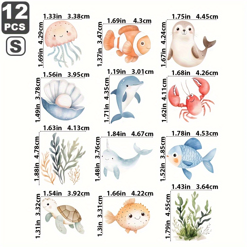 Image of 12pcs Underwater Watercolor Octopus, Jellyfish, Whale Cute Ocean Animal Iron-on Transfers, Suitable For Clothing T-shirts Jeans Styles, Washable Heat Transfer Patterns