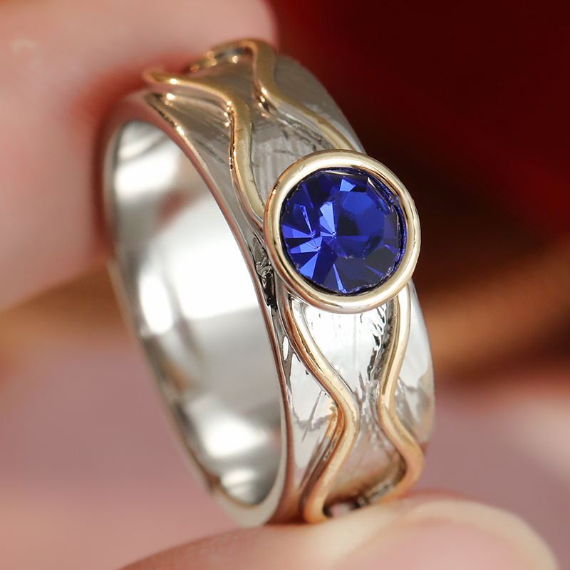 Women's Two-Tone Wavy Textured Ring Set with Blue Zirconia