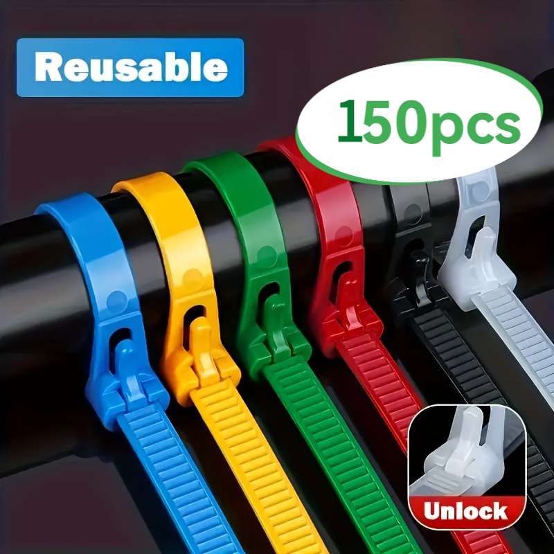 TEMU 150 Reusable Self-locking Plastic Nylon Cable Ties: Assorted Colors For Secure Fastening, Of Colors, Ribbed Design For Durability And