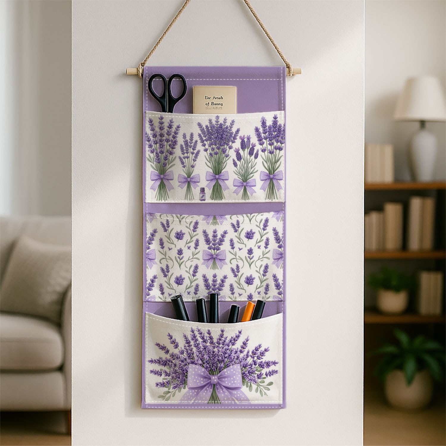 TEMU 1pc Practical Wall Hanging Storage Bag| Nordic Minimalist Lavender Floral Printing, Sturdy Structure, Multiple Pockets, Wall Hanging, Suitable