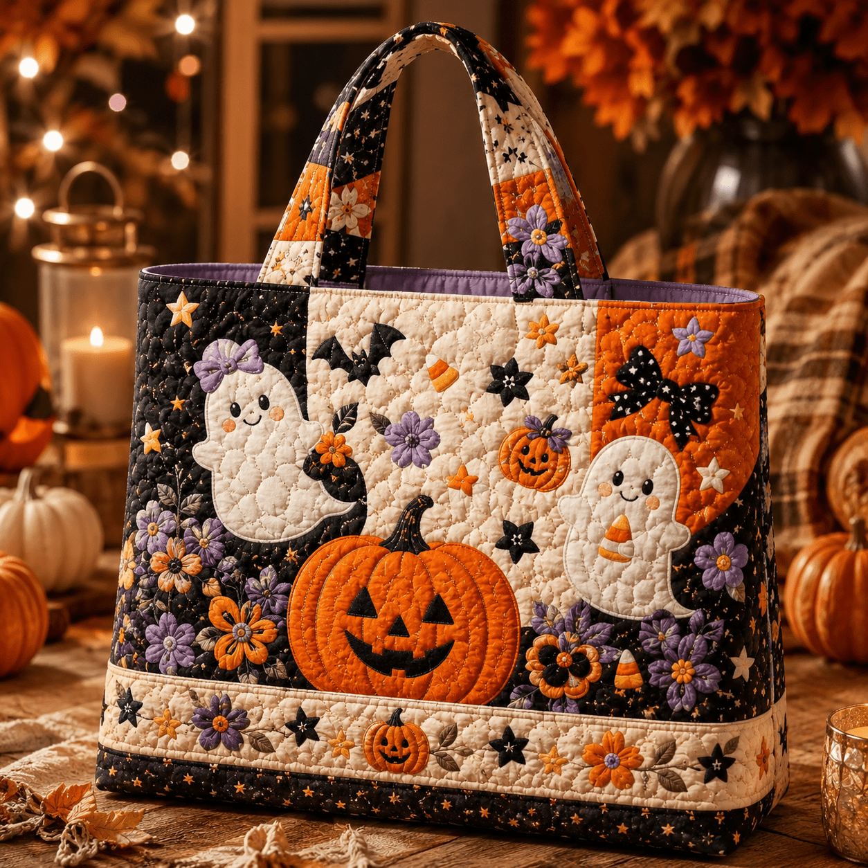TEMU Women's Vintage Quilted Tote Bag, Pumpkin Halloween Print Large Capacity Handbag, Cute Spooky Fall Tote For Shopping, Travel, Work And Halloween