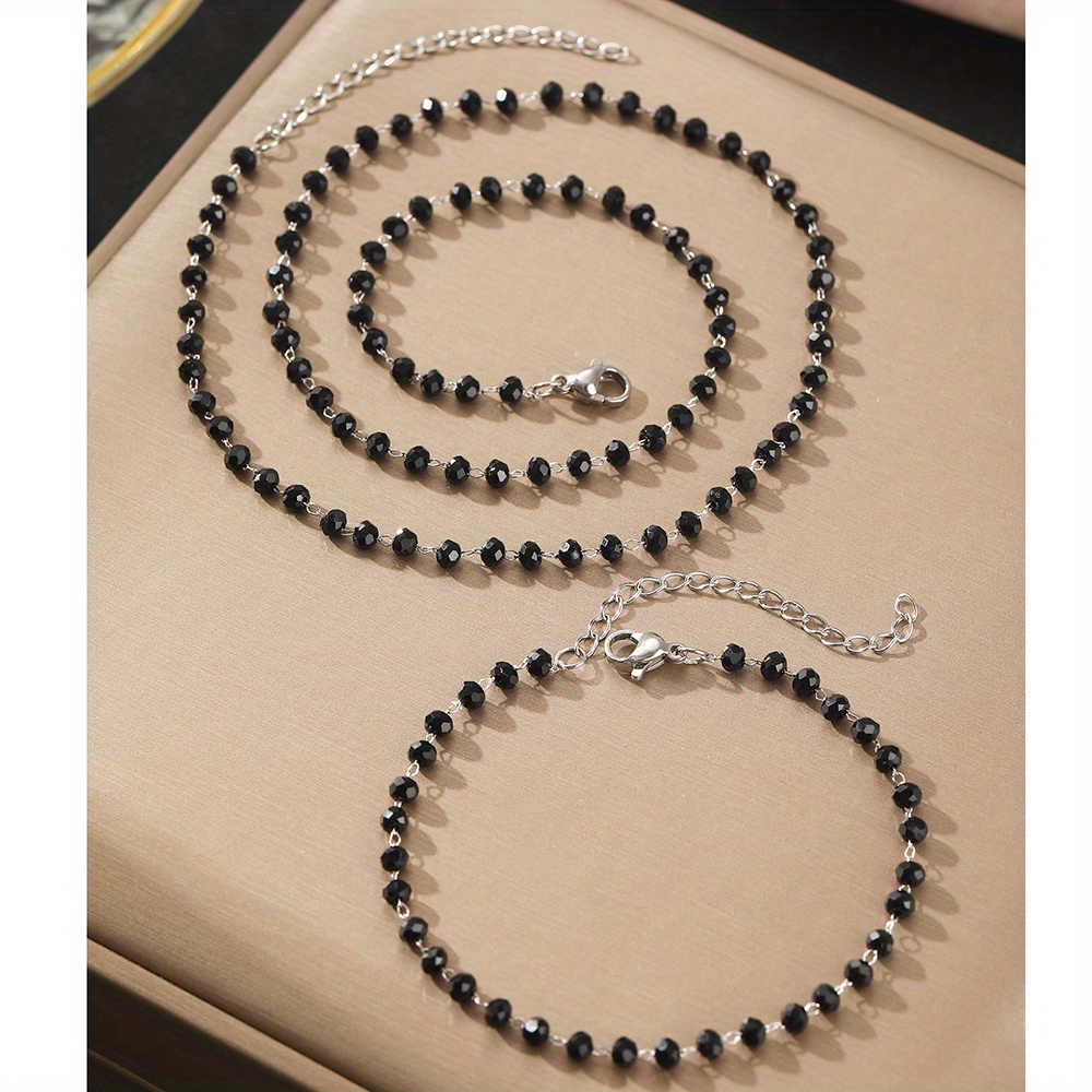 elegant 2pcs set stainless steel black   pearl necklace bracelet   casual attire parties details 6