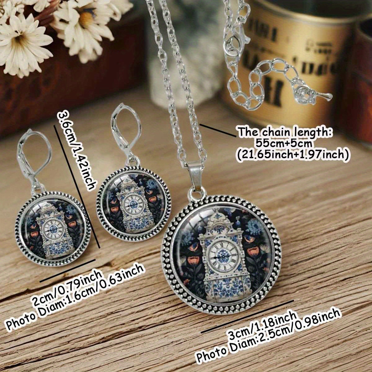 3pc Vintage Clock & Floral Design Earrings and Necklace Set