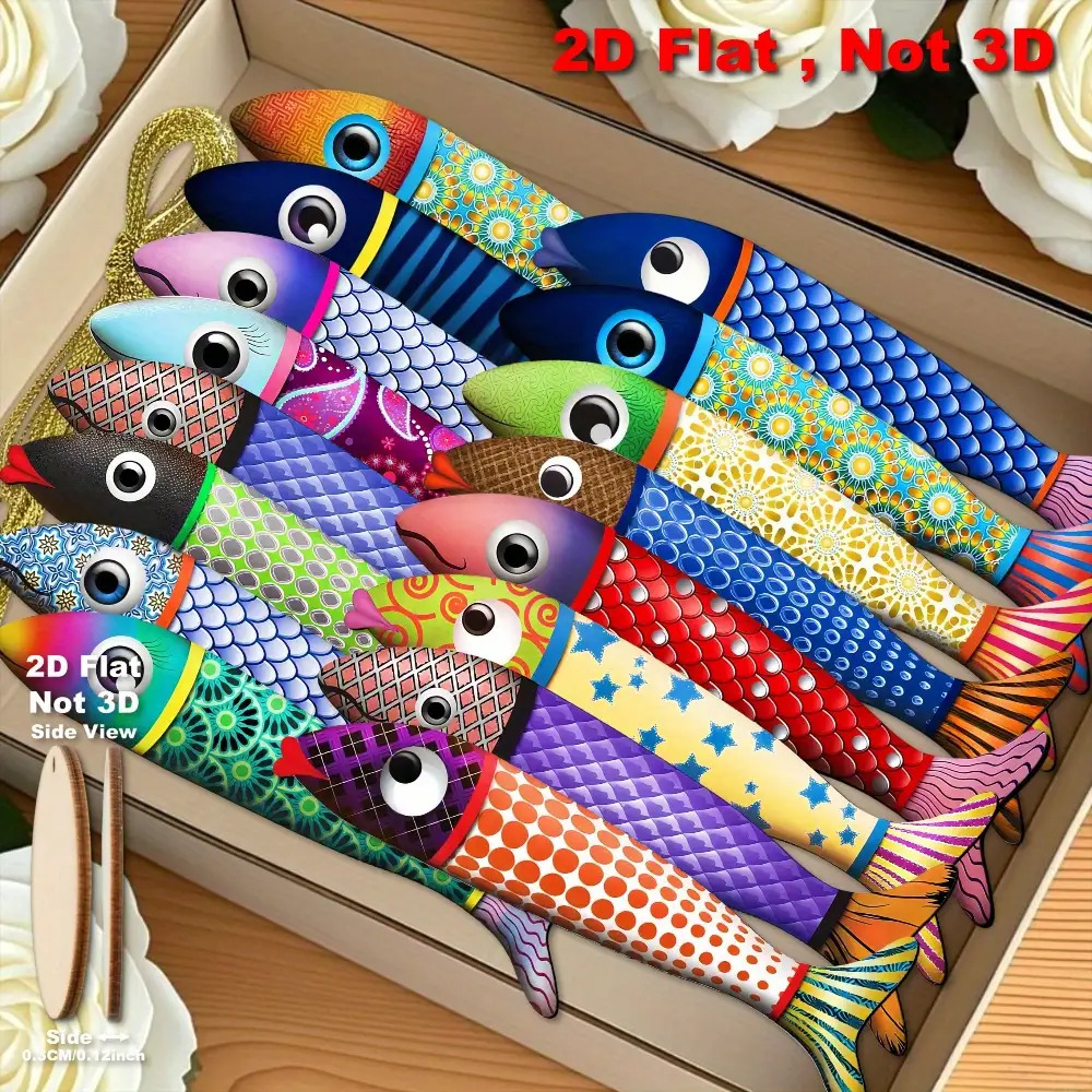 TEMU 2d/flat-2d Flat- 16pcs Colorful Sardine Fish Ornaments- Classic Wooden Pendants With Vibrant Colors, Perfect For Christmas, Thanksgiving,